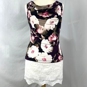CALVIN KLEIN Purple White Dark Floral Cowl Neck Tank Top Womens Petite Small Y2K